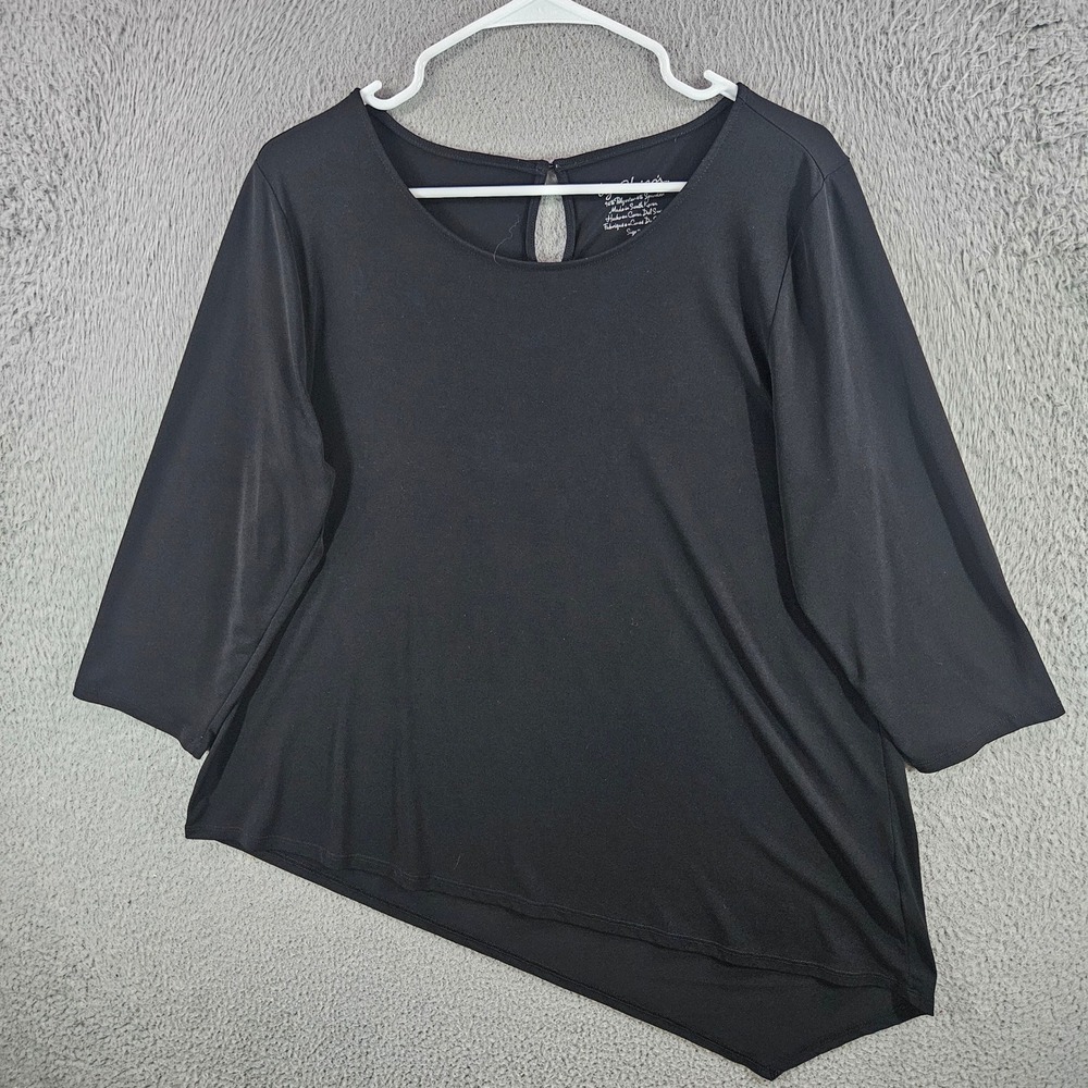 Chicos Black Asymmetric Hem Tunic Top 3/4 Sleeve Scoop Neck Size 2 Large